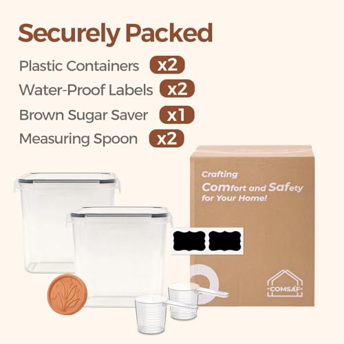 ComSaf Brown Sugar Container Set of 2 (2.5L/2.6Qt), Airtight Food Storage Containers with Lids and Terra Cotta Brown Sugar Saver, Plastic Canisters Sets for Kitchen, Pantry Organizer for Flour, Baking - size: 2.6Qt-Square