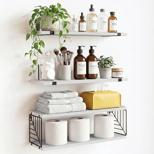 Fixwal 3+1 Tier Bathroom Floating Shelves Over Toilet, 15.8in Farmhouse Rustic Wood Shelves, Wall Decor for Bathroom, Living Room,Bedroom and Kitchen (White) - color: White