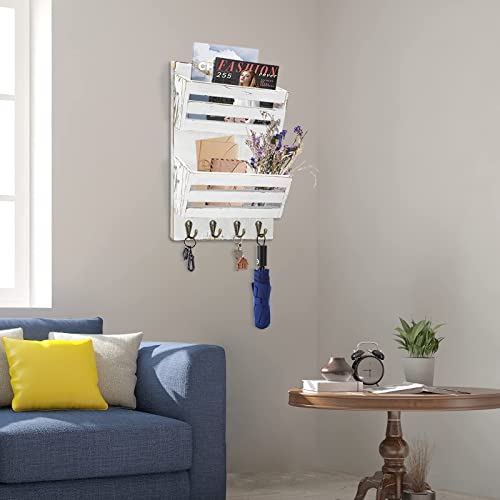 Unistyle Mail Holder with Key Hooks Mail Organizer Wall Mount Hanging Mail Organizer for Home,Office,Entryway,Mail Holder Wall Mounted for Letter, Magazines, Keys, Leashes - color: Rustic White