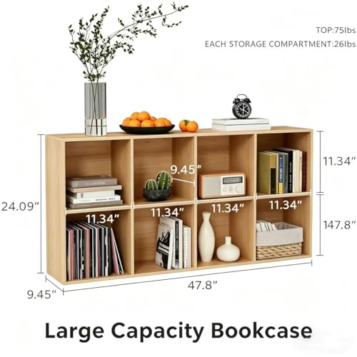VDNEND Wooden Storage Organizer with Closed Back Panel, 11in Cube Shelf Opening, Bookshelf, Display Shelf,Closet Cabinet for Home and Office (Natural Oak, 8-Cube 47.8L*9.45W*24.09H) - color: Natural Oak, size: 8-Cube 47.8L*9.45W*24.09H
