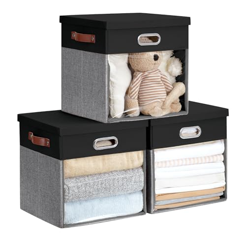 Ultra Thick Fabric Storage Cubes with Lids & Windows, 13-Inch Foldable Closet Storage Bins with 3 Handles, Home Decorative Boxes for Bedroom, Living Room, Dorm, Office (Black & Gray) - color: Black&Gray, size: 13"L x 13"W x 13"H
