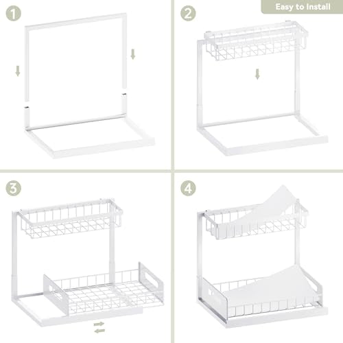 VUSIGN Under Kitchen Sink Organizer 2 Tier, Pull Out Bathroom Sink Organizers and Storage, Cabinet Kitchen Bathroom Storage Organization Shelf, 2 Pack White