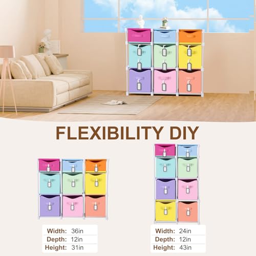 9 Cube Storage Organizer Shelf with Storage Bins and Label, 11 Inch Toy Cube Bins Clothes Closet Organizers Drawers Fabric Dresser for Living Room, Bedroom, Playroom, Dorm(Pastel) - color: Pastel