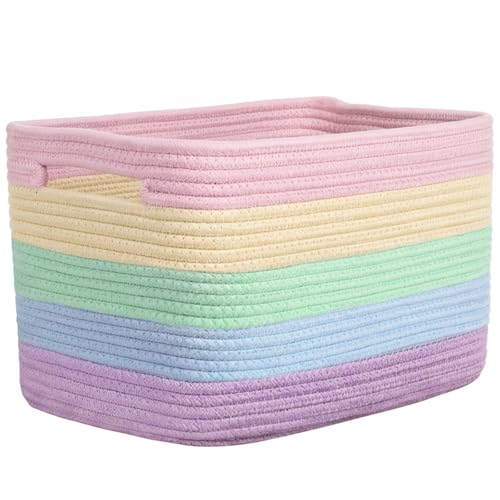 Storage Baskets for Organizing, 14 x 10 x 9” Closet Shelf Woven Baskets, Square Bins with Handles, Cotton Rope Basket for Toys, Clothes, Office, Room, Rainbow 1 Pack - color: Rainbow, size: 1pc