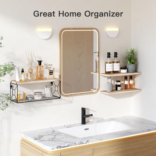 Amada Bathroom Shelves Over Toilet with Storage Basket, Floating Wall Shelf for Home Organization & Wall Decor, Bathroom/Kitchen/Living Room Shelves–Natural Wood - color: Natural Wood