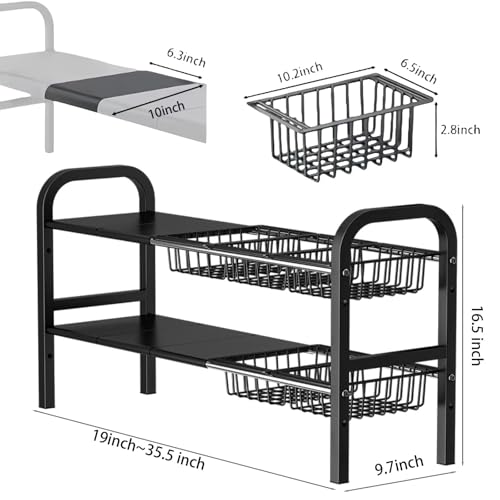 Under Sink Organizer，2 Tier Expandable Heavy Duty Metal Shelf，with 5 Removable Panels and 5 Storage Basket for Under Kitchen Bathroom Sink Organizers and Storage(Black, Large) - color: Black, size: Large