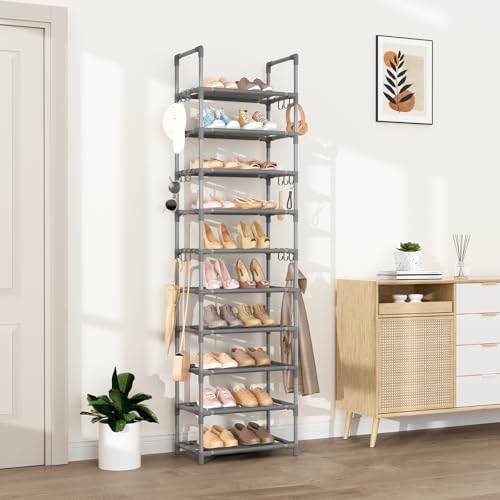 VTRIN 10 Tiers Tall Shoe Rack Holds 20-25 Pairs of Shoes Sturdy Vertical Shoe Organizer with 18pcs Hooks Stackable Narrow Shoe Rack for Closet, Entryway Grey - color: Grey, size: 17" Wide - 10 Tier