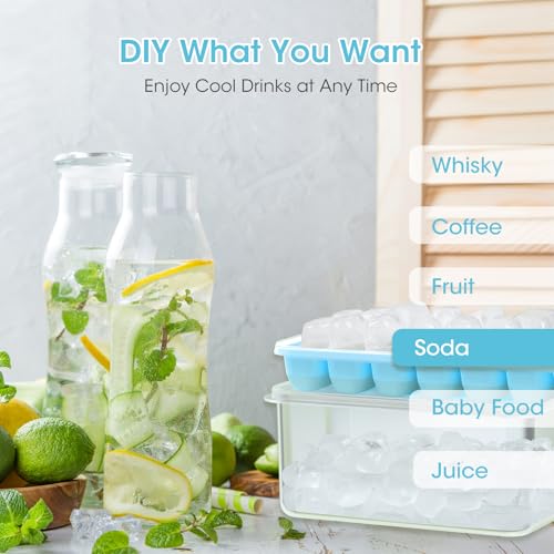 DOQAUS Ice Cube Tray with Lid and Bin - 4 Pack Silicone Ice Cube Trays for Freezer, Stackable Ice Bucket Kits with Storage Container & Scoop for Kitchen, RV, Cocktail, Coffee - color: Lake Blue