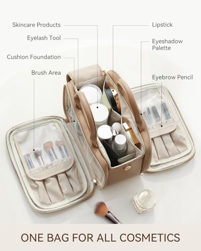 Prite Makeup Bag for Women, Large Capacity Waterproof Travel Cosmetic Organizer, Portable Open Flat Toiletry Bag with Free-standing Brush Holder and Handle(Beige Brown Large) - color: Beige-Brown, size: Large