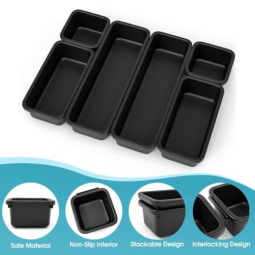 6 PCS Drawer Organizer Set, 3 Size Makeup Drawer Divider Organizer With Non-Slip Pads, Interlocking Plastic Storage Bins for Office,Jewelry Vanity,Gadgets, Bathroom,Kitchen, Black - color: Black, size: 6Pack