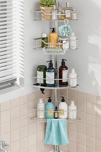 Corner Shower Caddy Tension Pole Rustproof, 4 Tier Adjustable Shower Organizer Tension Pole, 25-125 Inch Bathroom Shower Organizer for Bathtub Shampoo Storage, Silver - color: Silver