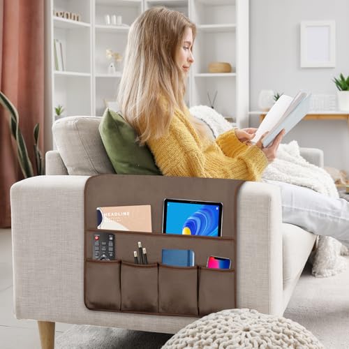 TV Remote Control Holder Couch Caddy, Non-slip Bedside Caddy Organizer with 5 Pockets for Key Glasses Phone Magazine Holders (Brown, 35''x18'') - color: Brown, size: 35''x18''