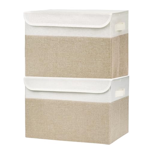 Bagnizer Large 42 Quarts Fabric Storage Bins with Lids [2-Pack] Linen Collapsible Foldable Baskets, Closet Organizer Containers boxes with Handles for Home Office (16.7 x 12 x 12, Beige & White) - color: Beige & White, size: Large - 2 Pack