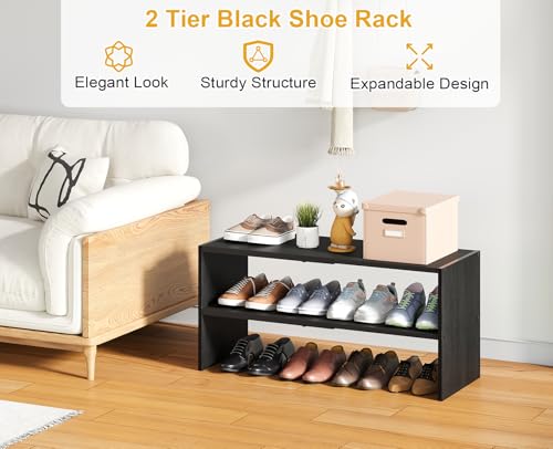 Black Shoe Rack Organizer for Closet, 2-Tier Expandable Shoe Shelf, Stackable Iron Wood Combination Small Shoe Racks Shelves for Closets, Entryway,Small Space,Hallway,Garage,6-12 Pairs - color: Black, size: 1 Pack (2 Tier)