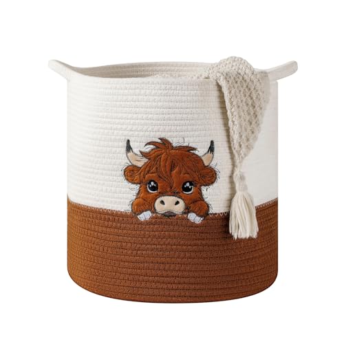INough Large Blanket Baskets for Living Room, Highland Cow Storage Baskets for Toys Organizer Woven Cotton Rope Basket for Kids, Clothes Hamper with Embroidery Highland Cow Decor for Nursery Laundry - color: Cow, size: Large
