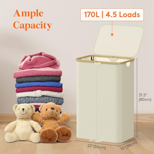 Lifewit 170L Double Laundry Hamper with Lid, Large Laundry Basket with Removable Bag & Bamboo Handles, Fodable Tall Dirty Clothes Hamper for Laundry Collapsible Bin for Bathroom Bedroom Dorm, Beige - color: Beige, size: 170L