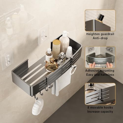 VOLPONE Corner Shower Caddy Adhesive Shower Shelf Corner No Drilling Bathroom Shower Organizer Storage Rack Rust-proof with Towel Bar (2-Pack, Gray) - style: Adhesive strip triangle with towel bar 2 Tier Gray