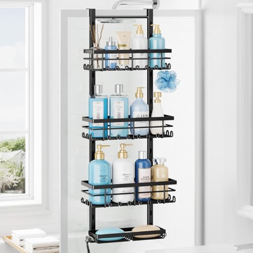 SWTYMIKI Over The Door Shower Caddy - 4 Tier Rustproof Hanging Shower Organizer with Adjustable Shelves, 40 Hooks & Soap Holder, Hanging Shower Rack Storage for Bathroom Accessories, Black - color: Black
