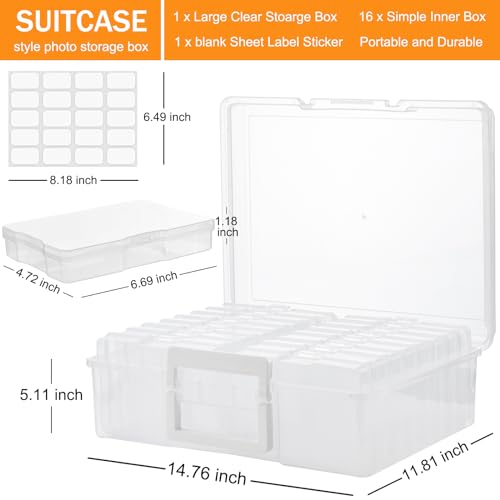 ALINK Photo Storage Box with Handle, 4" x 6" Photo Case Craft Keeper Organizer Container with 16 Inner Case and Label for Pictures, Arts, Crafts, Sewing, Stickers, Office Supplies - Clear - color: Clear
