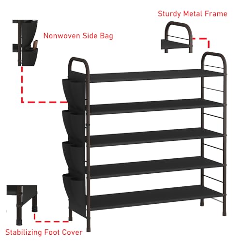 SUOERNUO Shoe Rack Storage Organizer 5 Tier Free Standing Metal Shoe Shelf Shoe Organizer with Side Shoes Pockets for Entryway Closet Bedroom, Bronze - color: Bronze, size: 5 Tier