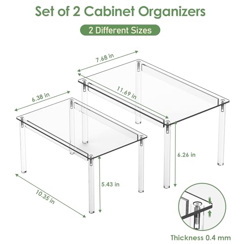Delamu Clear Kitchen Cabinet Organizer, Set of 2 Acrylic Shelf Organizer for Cupboard Organizers and Storage, Stackable Cabinet Shelf for Plate, Dish, Bowl, Cup & Mug, 11.7" W x 7.7" D x 6.3" H - size: Set of 2