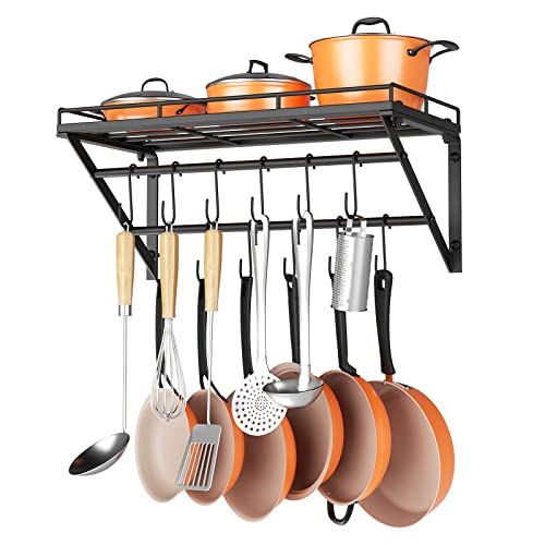 OROPY 23 Inch Wall Mounted Pot Rack Storage Shelf with 2 Tier Hanging Rails 12 S Hooks included, Ideal for Pans, Utensils, Cookware, Plant Black - size: 23.7 Inch