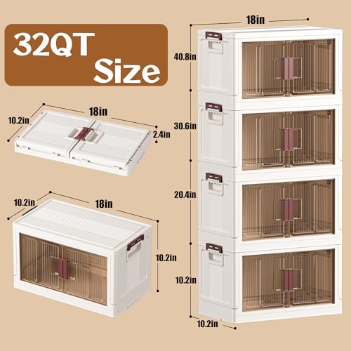 32GAL/128QT 4 tier large stackable storage bins with lid and wheels, collapsible storage bins plastic with doors，suit for clothes, closet, home and office - size: 32QT, style: 4 Pack