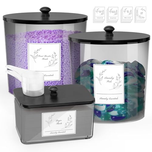COAZEX 3 Pack Laundry Powder Container & Dryer Sheet Holder, Plastic Laundry Room Organization and Storage Jars with Lids, Labels & Scoops for Powder, Detergent, Scent Booster (Black) - color: C-Black(Black Lid)