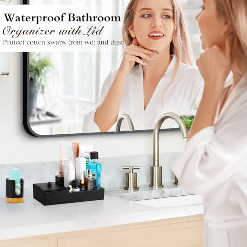 Luxspire Bathroom Counter Organizer, Marble Toothbrush Holder for Bathroom 6 Slot, Bathroom Vanity Organizer with Lid, Bathroom Organizer Countertop for Cotton Ball, Q-Tips, Floss, Matte Black - color: Matte Black, size: 6 slots