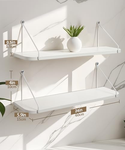 Afuly White Floating Shelves, 24 inch Long Shelves for Wall, Hanging Storage Shelf for Kitchen Bedroom Living Room, Wood Chic Wall Decor, Set of 2 - color: White, size: 5.9"D x 24"W