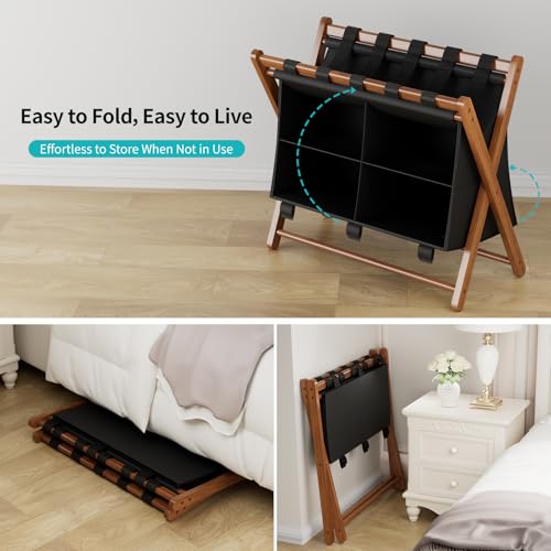Bamboo Luggage Rack with 4 Storage Compartments, Foldable Suitcase Stand for Guest Room, 150lbs Capacity, Sturdy, Space-Saving and Easy to Assemble Organizer - color: Walnut 1 Pcs
