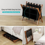 Bamboo Luggage Rack 2 Pack with 4 Storage Compartments, Foldable Suitcase Stand for Guest Room, 150lbs Capacity, Sturdy, Space-Saving and Easy to Assemble Organizer - color: Walnut 2 Pcs