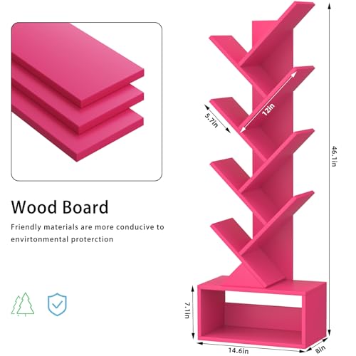 SHEEPAM 9 Tier Tree Bookshelf,Christmas Green Bookcase for Narrow Space, Storage Organizer Floor Standing Bookshelves for Books, Tall Book Case for Home Office, Living Room, Bedroom - color: Pink, size: 9 Tier