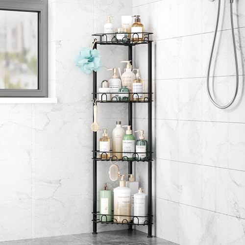 SWTYMIKI Standing Shower Caddy Corner - 4‑Tier Stainless Steel Shower Organizer Shelf with 16 Hooks and Adhesive Pads, Rustproof Corner Shelves Stand Rack for Bathroom Shower Room, Black - color: Black-4‑Tier