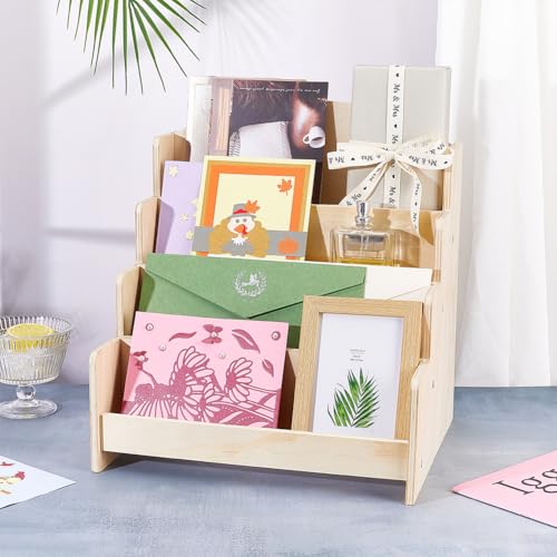 Greeting Card Display Stand 4 Tier Acrylic Sticker Display Holder 12x10x13 Inch Wood Sticker Organizer Rack Desktop Wooden Multi-layer Storage Rack Retail Counter Displays Holder