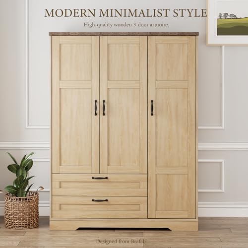 Brafab 62" Wooden Armoire Wardrobe Closet with 3 Doors and Drawers, Standing Bedroom Storage Armoires Cabinet with Hanging Rod for Hanging Clothes, Coat Closet Organizer with Shelves and Mirror - color: Natural, size: 3 Doors