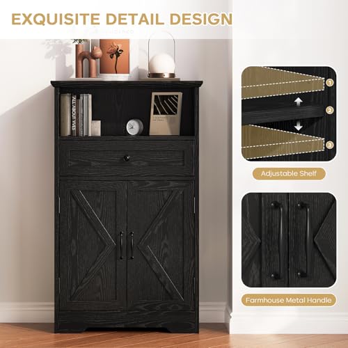 Floor Cabinet, Farmhouse Storage Cabinet with Barn Doors and Drawer, Freestanding Adjustable Shelf Organizer for Bathroom, Kitchen, Living Room Black - color: Black, size: 39.4"H x 23.6"W x 11.8"D