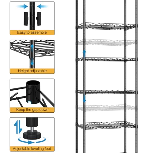 HOMEFORT 6-Shelving Unit, Adjustable Wire Shelving, Metal Wire Shelf Rack Organizer for Kitchen, Pantry, Closet, Bathroom, Laundry, Black,21" W x 11" D x 69" H - color: Black, size: 21"W x 11"D x 69"H