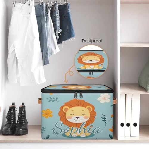 Custom Storage Basket with Name, Personalized Storage Bins with Zipper Lid, Foldable Fabric Storage Box Large capacity with Handle Flower Lion - color: Option 10