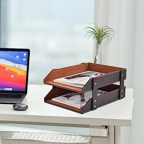 Leather Desk Organizer,2-Tier Stackable Letter Tray Holder,Office Supplies Desktop Storage Box for Document,Stationery,Magazines,Newspapers,Letters and Other Home Office Paper Sundries,Coffee - color: Coffee