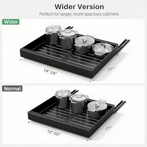 Pull out Cabinet Organizer, Wider Expandable(14"-24") Heavy Duty Slide out Drawers Fixed with Adhesive Nano Film for Pots and Pans, Roll out Shelf Storage for Kitchen Base Organization(Black) - color: Black, size: 21"D×14"-24"W(1 Pack)