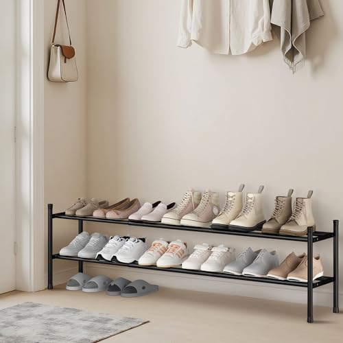 STORAGE MANIAC Long Expandable Shoe Rack, 12 Pairs Metal Wide Stackable Shoe Rack, Adjustable Shoes Shelf, Freestanding Shoes Organizer for Closet, Entryway, Hallway, Garage, Front Door, 2 Tiers - size: 2-tier