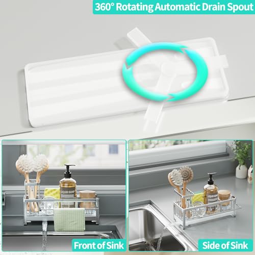 HapiRm Sponge Holder for Kitchen Sink - Self-draining Sink Caddy with Brush Holder and Dishcloth Holder, Stainless Steel Kitchen Organizer - Silver - color: Silver, size: with Dishcloth Holder