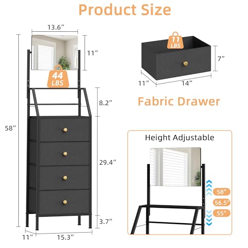 HIGDBFE 4-Drawer Dresser with Mirror, Vanity with 2-Tier Shelves, Fabric Chest of Drawers for Small Space, Vertical Storage Cabinet for Bedroom, Nightstand Bedside Table Furniture, Black, 15.3" W - color: Black