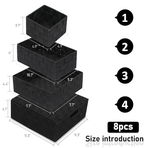Woven Storage Bins with Lids, Set of 8, Polypropylene Storage Baskets with Metal Frame, Stackable Fabric Boxes for Drawers, Closet, Shelf, Nursery and Office, Black - color: Black, size: 8PCS-with lid