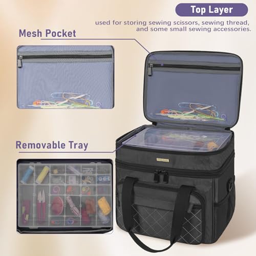 Sewing Storage Bag with Removable Tray Large Capacity Sewing Aaccessories Organizer Travel Sewing Case with Shoulder Strap Double-Layer Sewing Organizer Bag Black (Bag Only) - color: Black