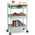 3 Tier Rolling Cart, Utility Cart with Drawer and Table Top, Metal Rolling Kitchen Storage Organizer Cart with Handle and Locking Wheels for Bathroom Office Balcony Living Room - color: Light Green