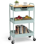 3 Tier Rolling Cart, Utility Cart with Drawer and Table Top, Metal Rolling Kitchen Storage Organizer Cart with Handle and Locking Wheels for Bathroom Office Balcony Living Room - color: Light Green