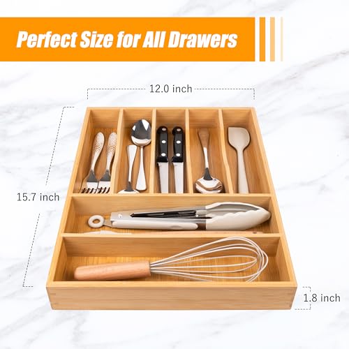 Bellsal Bamboo Silverware Drawer Organizer, Kitchen Utensil Drawer Organizers, 12"x15.7" Utensils Holder Cutlery Tray with Grooved Drawer Dividers for Kitchen Flatware Bedroom Office(7 Slot, Natural) - color: Nature, size: 7 Slots
