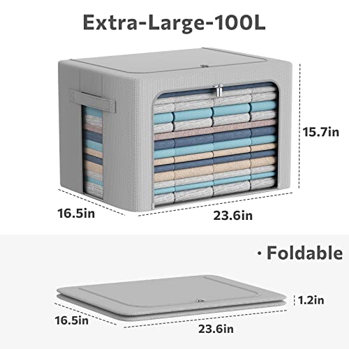 CYhom 3Pack Frame Storage Box - Clothes Storage Bin Bags Oxford Fabric Foldable Stackable Container Organizer Set with Clear Window & Carry Handles (Grey, Extra Large-100L) - color: Grey, size: Extra Large-100L